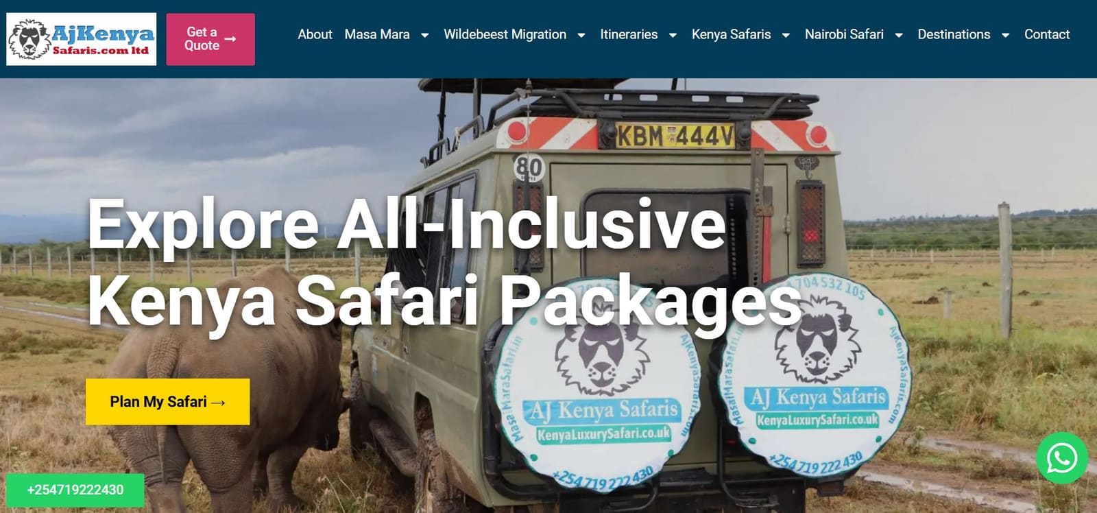 Homepage of the AJ Kenya Safaris website