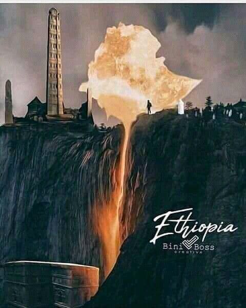 Artwork of Aksum's stelae beside a glowing map of Ethiopia