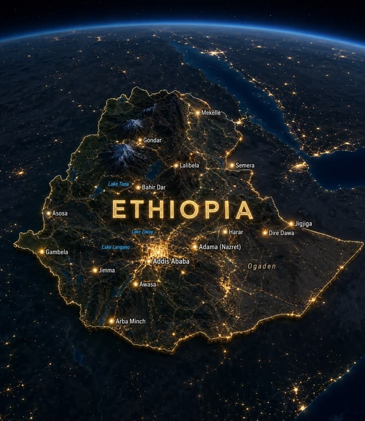 Ethiopia at night seen from space, with Mekelle, Addis Ababa and other cities lit up