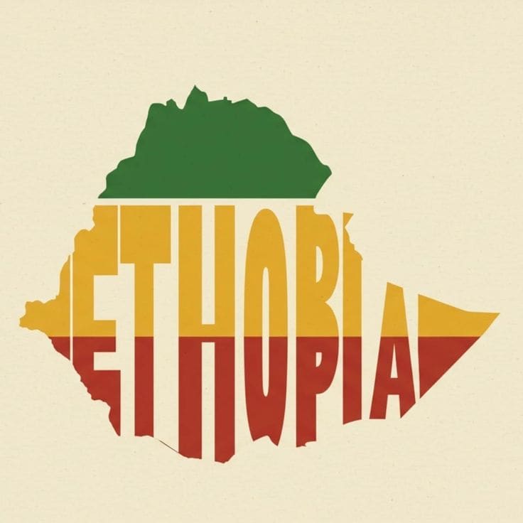 Map of Ethiopia filled with the word Ethiopia in green, yellow and red