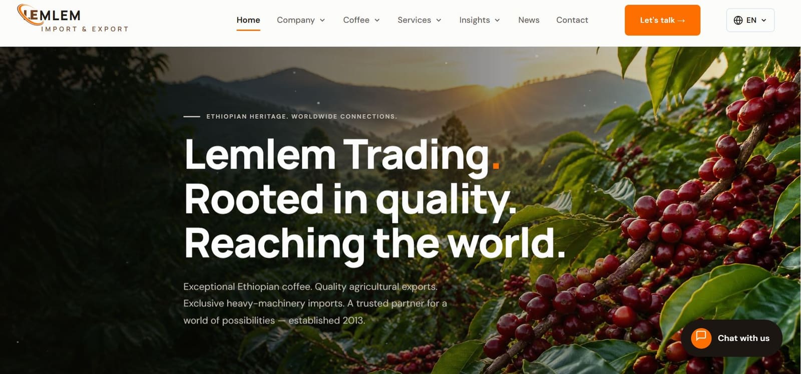 Homepage of the Lemlem Import & Export website